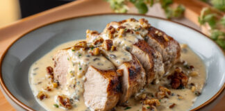 Filet mignon de porc tranché nappé d’une sauce crémeuse au bleu et aux noix, servi dans une assiette rustique.