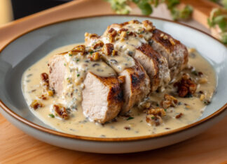 Filet mignon de porc tranché nappé d’une sauce crémeuse au bleu et aux noix, servi dans une assiette rustique.
