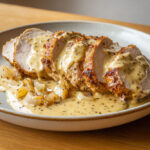 Filet mignon de porc tranché nappé d’une sauce crémeuse à la moutarde à l’ancienne et reblochon, servi dans une assiette rustique sur fond bois.