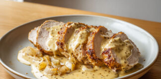 Filet mignon de porc tranché nappé d’une sauce crémeuse à la moutarde à l’ancienne et reblochon, servi dans une assiette rustique sur fond bois.