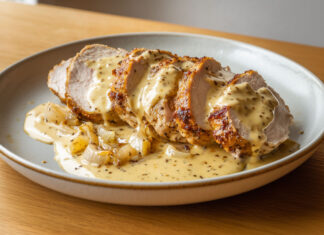 Filet mignon de porc tranché nappé d’une sauce crémeuse à la moutarde à l’ancienne et reblochon, servi dans une assiette rustique sur fond bois.