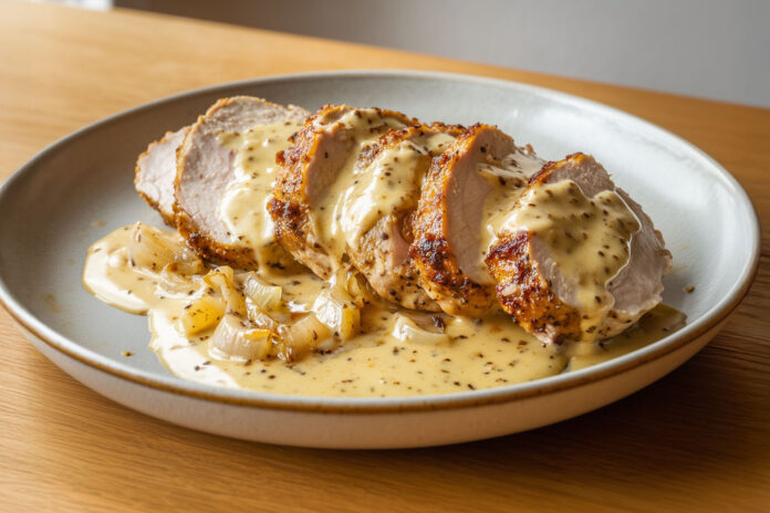 Filet mignon de porc à la moutarde à l’ancienne et reblochon Filet mignon de porc tranché nappé d’une sauce crémeuse à la moutarde à l’ancienne et reblochon, servi dans une assiette rustique sur fond bois.