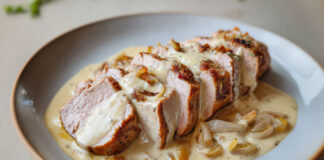 Tranches de filet mignon de porc nappées d’une sauce crémeuse au reblochon fondant, servies avec des oignons confits.