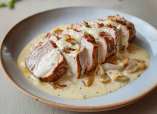 Tranches de filet mignon de porc nappées d’une sauce crémeuse au reblochon fondant, servies avec des oignons confits.