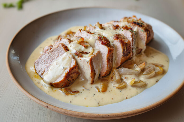 Filet mignon de porc au reblochon Tranches de filet mignon de porc nappées d’une sauce crémeuse au reblochon fondant, servies avec des oignons confits.