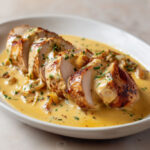 Tranches de filet mignon nappées d’une sauce crémeuse au reblochon et curry doux, dans une assiette familiale et chaleureuse.