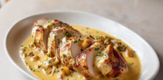 Tranches de filet mignon nappées d’une sauce crémeuse au reblochon et curry doux, dans une assiette familiale et chaleureuse.