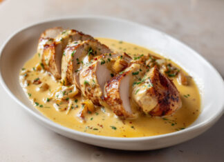 Tranches de filet mignon nappées d’une sauce crémeuse au reblochon et curry doux, dans une assiette familiale et chaleureuse.