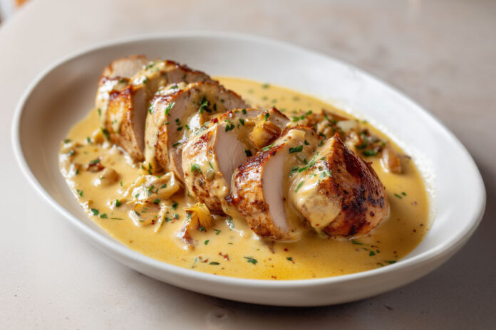 Filet mignon au reblochon et curry doux Tranches de filet mignon nappées d’une sauce crémeuse au reblochon et curry doux, dans une assiette familiale et chaleureuse.