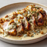 Filet mignon de porc tranché, nappé d’une sauce au roquefort et aux noix, onctueuse et fondante, servi dans une assiette rustique.