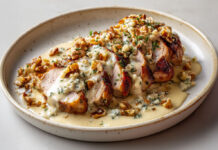 Filet mignon à la crème de roquefort et noix – crémeux, raffiné et prêt en 40 min Filet mignon de porc tranché, nappé d’une sauce au roquefort et aux noix, onctueuse et fondante, servi dans une assiette rustique.