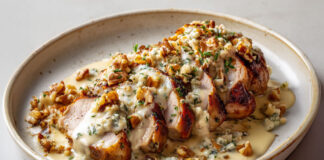 Filet mignon de porc tranché, nappé d’une sauce au roquefort et aux noix, onctueuse et fondante, servi dans une assiette rustique.