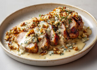 Filet mignon de porc tranché, nappé d’une sauce au roquefort et aux noix, onctueuse et fondante, servi dans une assiette rustique.