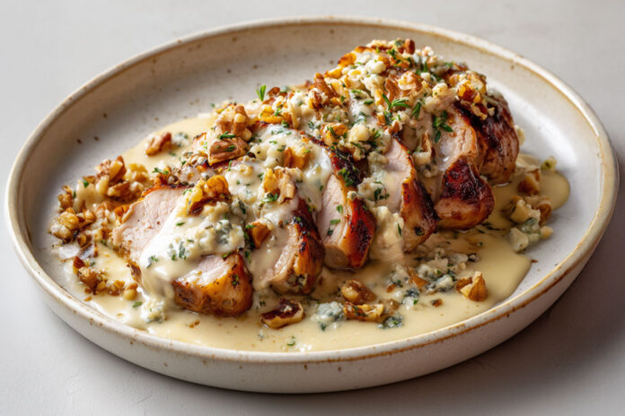 Filet mignon à la crème de roquefort et noix Filet mignon de porc tranché, nappé d’une sauce au roquefort et aux noix, onctueuse et fondante, servi dans une assiette rustique.