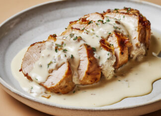 Filet mignon de porc tranché, nappé d’une sauce blanche crémeuse au roquefort, servi chaud dans une assiette rustique.