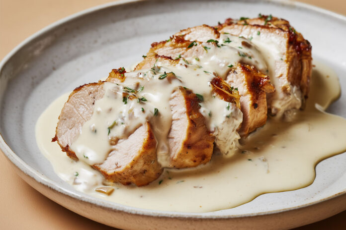 Filet mignon sauce roquefort blanche Filet mignon de porc tranché, nappé d’une sauce blanche crémeuse au roquefort, servi chaud dans une assiette rustique.