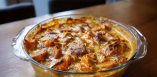 Gratin de patates douces fondant à la crème de coco et au curry, doré au four, servi dans un plat en verre.