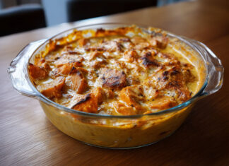 Gratin de patates douces fondant à la crème de coco et au curry, doré au four, servi dans un plat en verre.