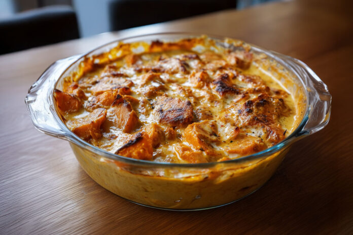Gratin de patates douces fondant à la crème de coco et au curry, doré au four, servi dans un plat en verre.