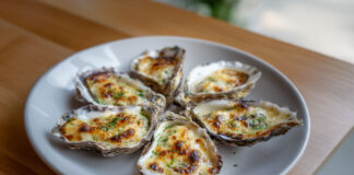Huîtres gratinées au vin blanc, dorées au four, servies chaudes sur une assiette blanche.