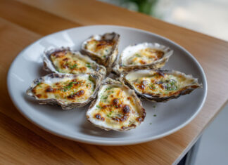 Huîtres gratinées au vin blanc, dorées au four, servies chaudes sur une assiette blanche.