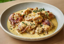 Lapin à la moutarde – recette maison fondante et facile Morceaux de lapin mijotés dans une sauce crémeuse à la moutarde, oignons et herbes, servis bien chauds dans une assiette rustique.