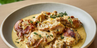 Morceaux de lapin mijotés dans une sauce crémeuse à la moutarde, oignons et herbes, servis bien chauds dans une assiette rustique.
