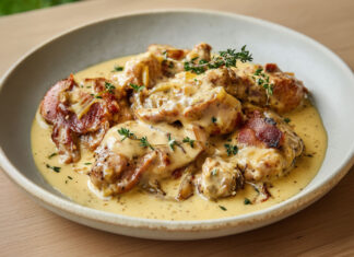 Morceaux de lapin mijotés dans une sauce crémeuse à la moutarde, oignons et herbes, servis bien chauds dans une assiette rustique.
