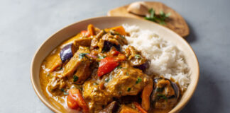 Assiette de mafé de poulet sénégalais avec carottes, aubergines et patate douce, nappée de sauce onctueuse à la pâte d’arachide, servie avec du riz blanc.