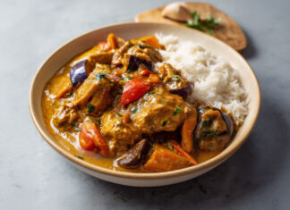 Assiette de mafé de poulet sénégalais avec carottes, aubergines et patate douce, nappée de sauce onctueuse à la pâte d’arachide, servie avec du riz blanc.