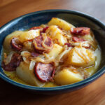 Assiette de ragoût de pommes de terre à l’ardennaise avec saucisse fumée, lardons et oignons caramélisés.