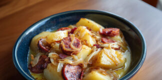 Assiette de ragoût de pommes de terre à l’ardennaise avec saucisse fumée, lardons et oignons caramélisés.