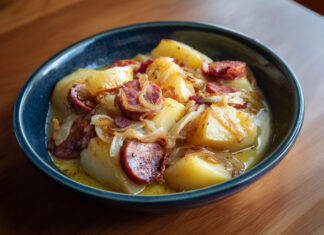 Assiette de ragoût de pommes de terre à l’ardennaise avec saucisse fumée, lardons et oignons caramélisés.