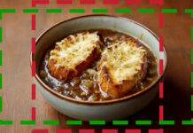 Soupe à l’oignon gratinée express Bol de soupe à l’oignon gratinée avec tranches de pain dorées et fromage fondu – une recette française traditionnelle et réconfortante.