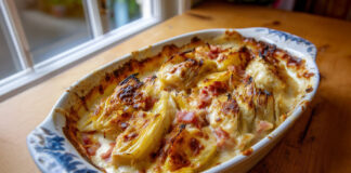 Gratin de tartiflette aux endives fondantes, pommes de terre et reblochon doré au four – une version légère et savoureuse du plat montagnard.