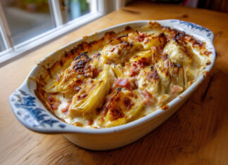Gratin de tartiflette aux endives fondantes, pommes de terre et reblochon doré au four – une version légère et savoureuse du plat montagnard.