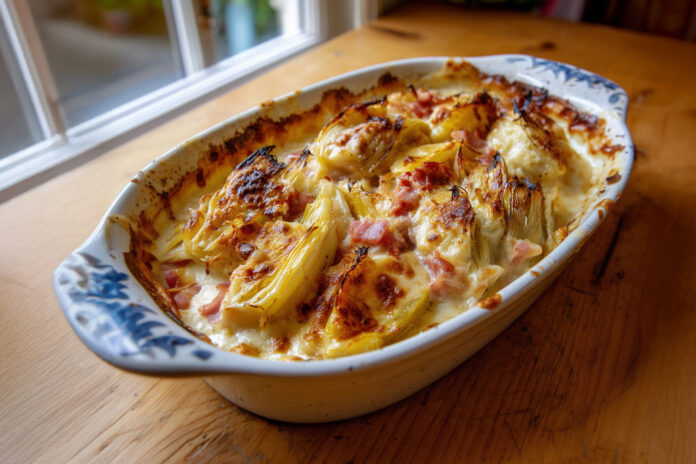 Tartiflette aux endives Gratin de tartiflette aux endives fondantes, pommes de terre et reblochon doré au four – une version légère et savoureuse du plat montagnard.