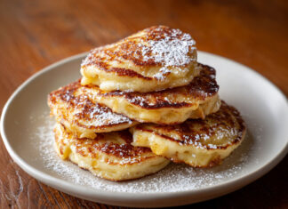 Petites crêpes aux pommes dorées servies chaudes avec sucre glace sur une assiette rustique.