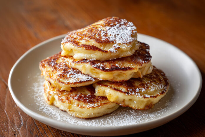 Petites crêpes aux pommes dorées servies chaudes avec sucre glace sur une assiette rustique.