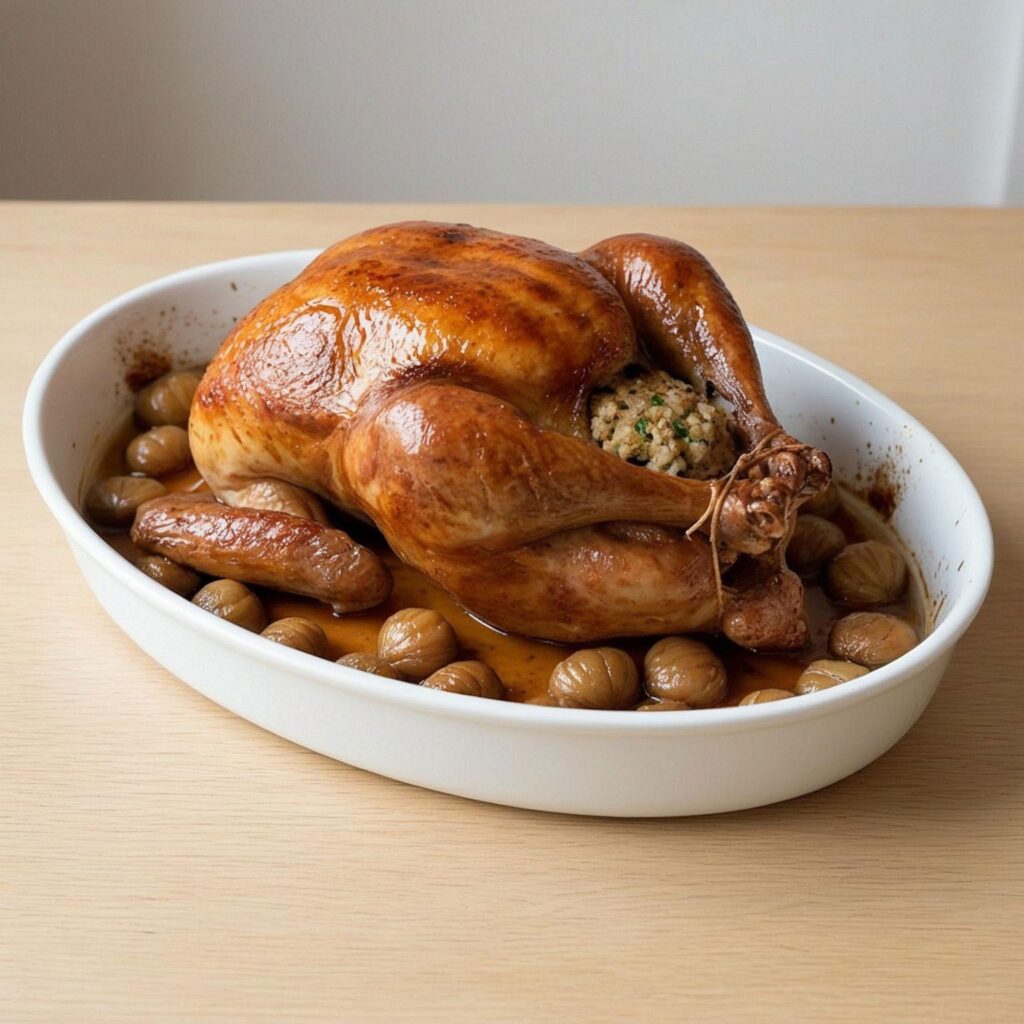 Poularde de Noël farcie aux marrons, rôtie au four