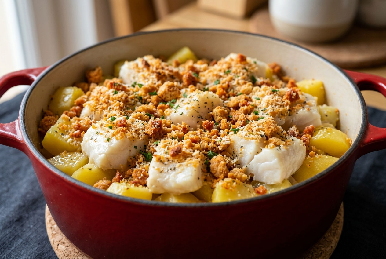 Cabillaud au crumble de chorizo : recette facile au four avec pommes de terre