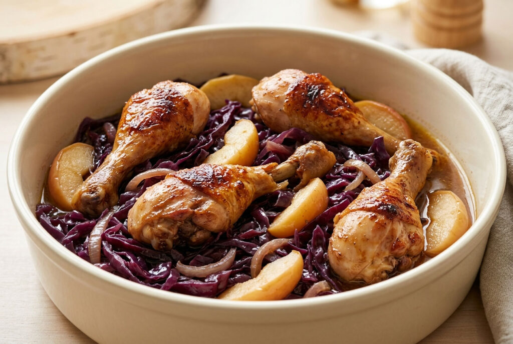 Cuisses de poulet braisées au chou rouge et aux pommes