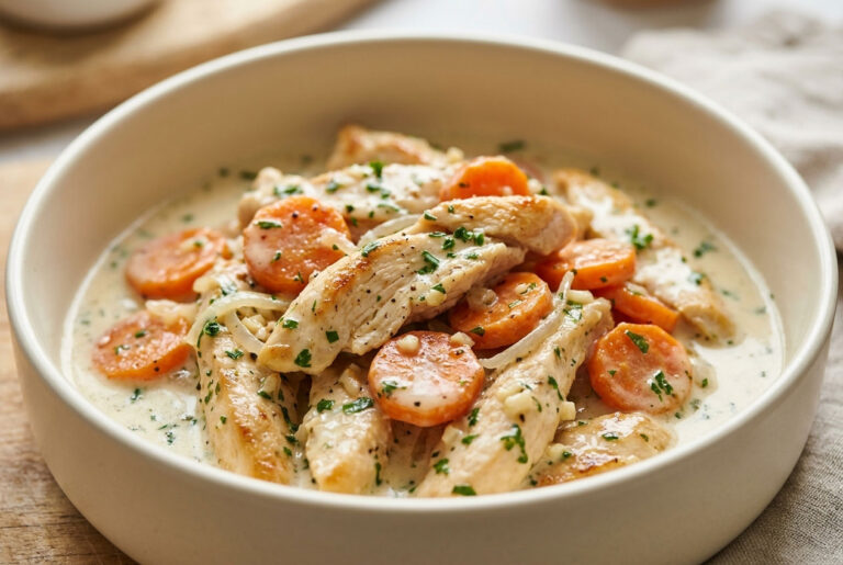 Émincé de poulet braisé aux carottes et sauce au fromage frais aux herbes