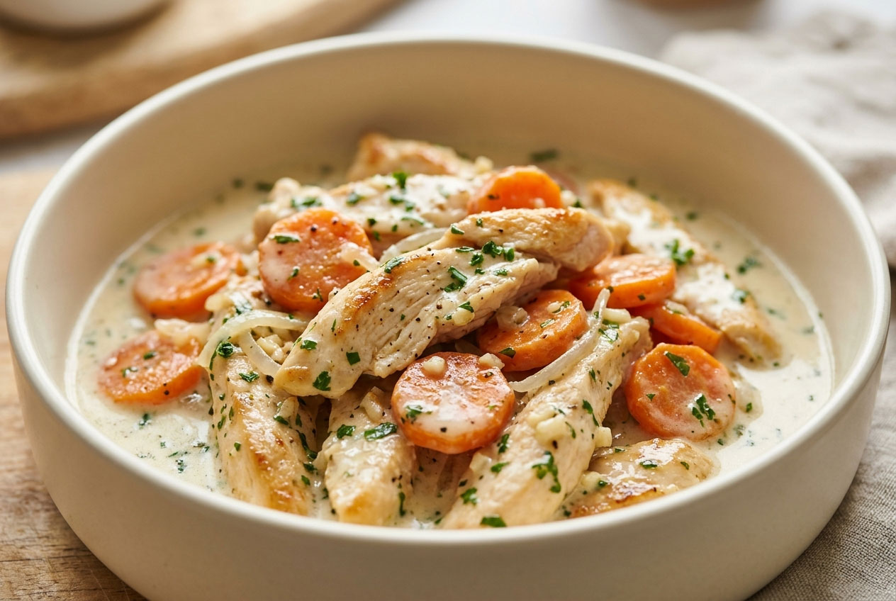 Émincé de poulet braisé aux carottes et sauce au fromage frais aux herbes