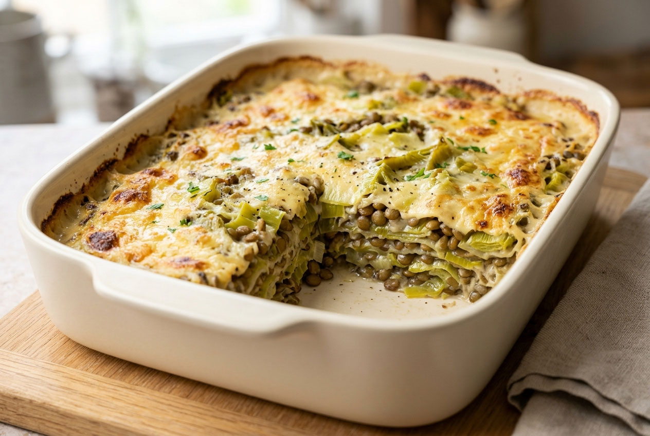 Gratin de poireaux et de lentilles au comté