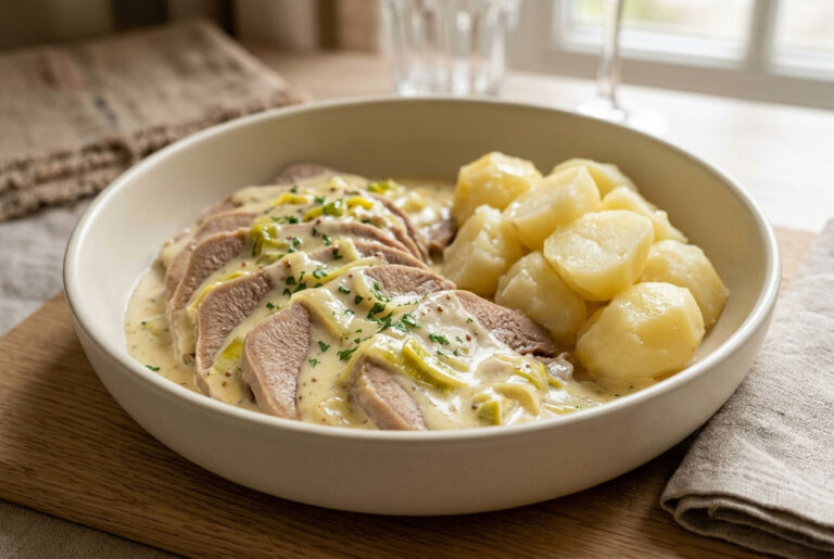 Langue de bœuf à la crème de poireaux et à la moutarde, pommes de terre vapeur