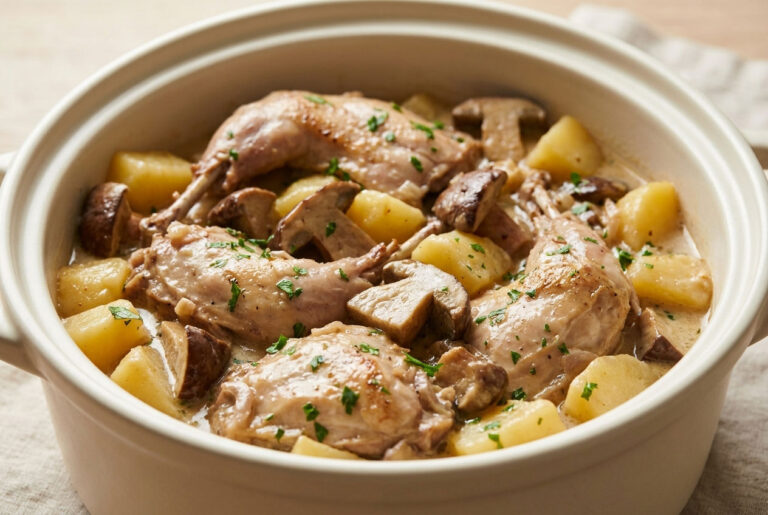 Lapin mijoté aux cèpes et aux pommes de terre : recette fondante en cocotte