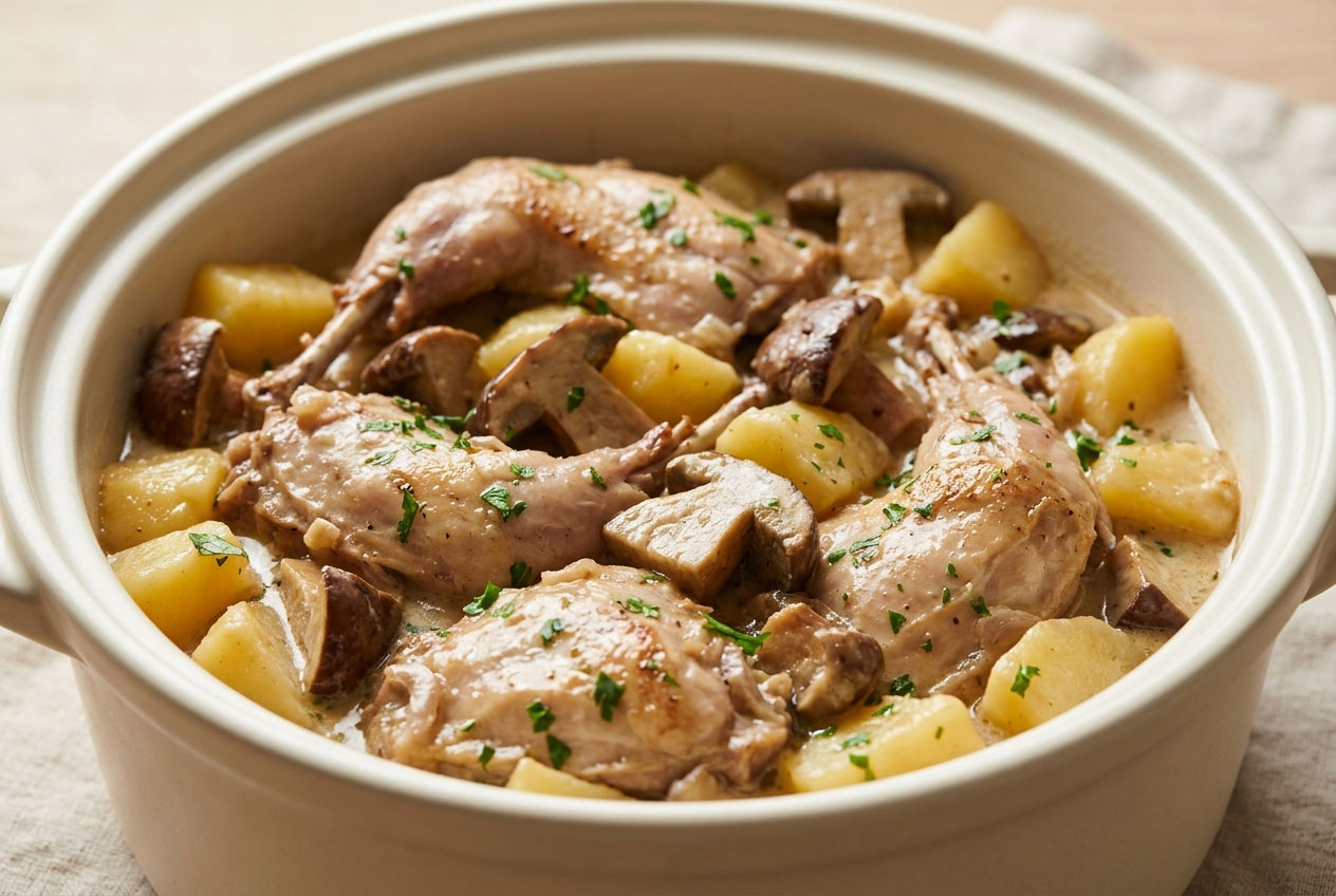Lapin mijoté aux cèpes et aux pommes de terre : recette fondante en cocotte