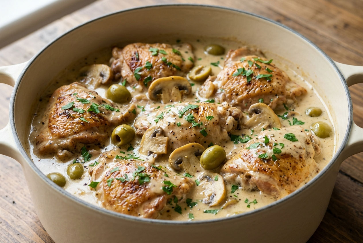 Poulet en cocotte aux olives, aux champignons et à la crème de moutarde