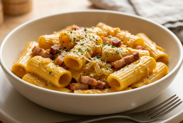 Rigatonis crémeux à la courge et aux lardons